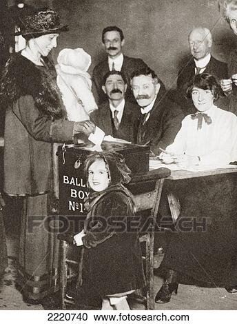 Stock Image - A British Woman Voting For The First Time In The General Election Of 1918. From The Story Of 25 Eventful Years In Pictures, Published 1935.. Fotosearch