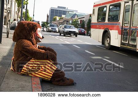 Stock Photo - A Brown Bear Mascot Sitting And Waiting On The Curb; Victoria, British Columbia, Canada. Fotosearch