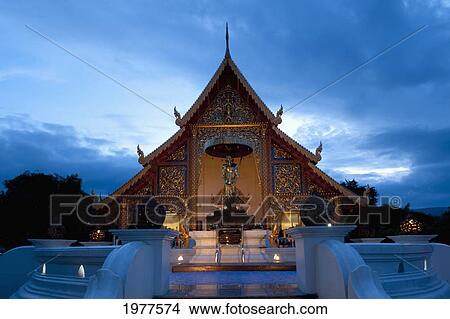 Picture - A Building Illuminated At Dusk; Chiang Mai Thailand. Fotosearch