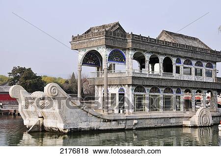 Stock Photo - A Building On The Water's Edge Built On A Boat; Beijing China. Fotosearch