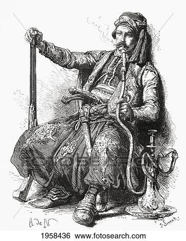 Stock Photograph - A Bulgarian Soldier Smoking A Hookah In The 19Th Century. From El Mundo En La Mano Published 1875.. Fotosearch