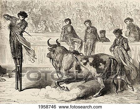 Stock Photograph - A Bullfighter Stood On Stilts, Preparing To Kill The Bull During A 19Th Century Bullfight In The Bullring At Seville, Spain. This Is Called Suerte De Matar En Zancos In Spanish. From El Mundo En La Mano, Published 1878.. Fotosearch