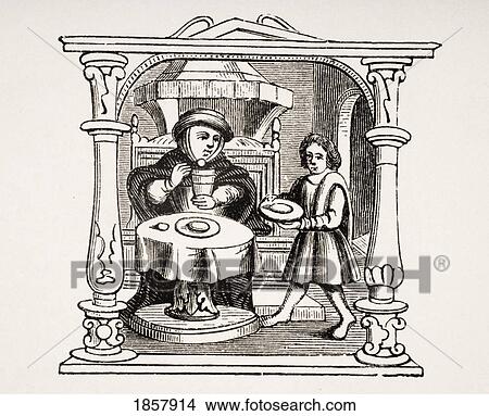 Picture - A Burgess At Meals. 19Th Century Reproduction From 16Th Century Manuscript. Fotosearch