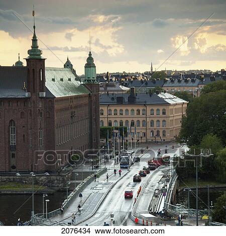 Picture - A Busy Street Going Over The River; Stockholm Sweden. Fotosearch