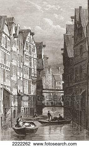 Stock Image - A Canal In Hamburg, Germany In The 19Th Century. From Pictures From The German Fatherland Published C. 1880.. Fotosearch