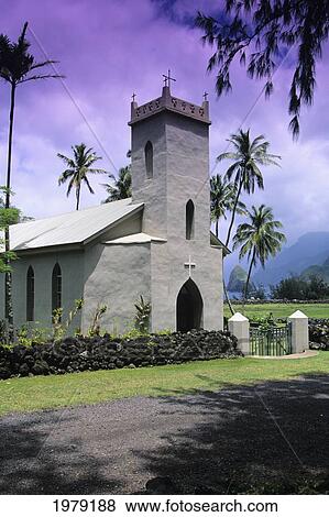 Stock Photo - A church building surrounded by palm trees and a purple sky. Fotosearch