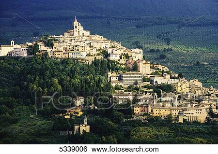 Stock Photograph - A city on a hill surrounded by vineyards; Trevi, Umbria, Italy. Fotosearch