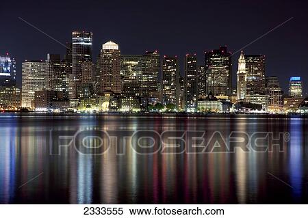 Stock Photography - A city skyline view at nighttime; Boston, Massachusetts, United States of America. Fotosearch