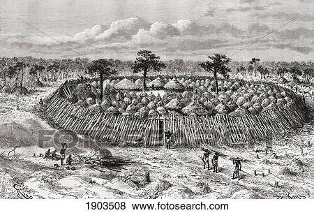Stock Photo - A Congolese Village In The Mid 19Th Century. From The Book Africa Pintoresca Published 1888.. Fotosearch