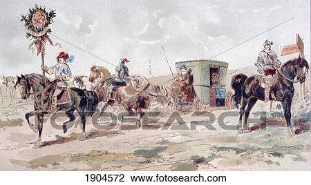 Stock Image - A Covered Horse Drawn Coach Of The 17Th Century. After A Watercolour By A. Heins. From Cortege Historique Des Moyens De Transport. Published Brussels, 1886.. Fotosearch