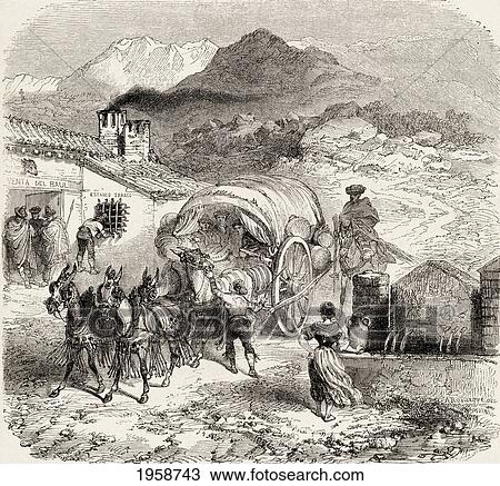 Stock Image - A Covered Wagon Drawn By Mules Arriving At A Roadside Inn In Sierra Nevada, Granada, Spain, From A 19Th Century Print. From El Mundo En La Mano, Published 1878.. Fotosearch