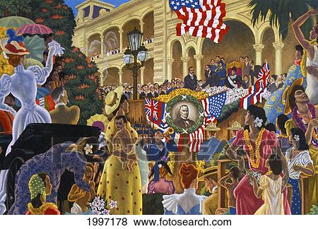 Stock Photo - A crowd of people gathering outside a building with British and American flags. Fotosearch
