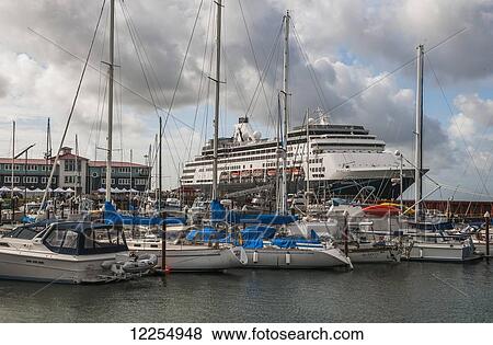 Stock Photo - A cruise ship docks at a port; Astoria, Oregon, United States of America. Fotosearch