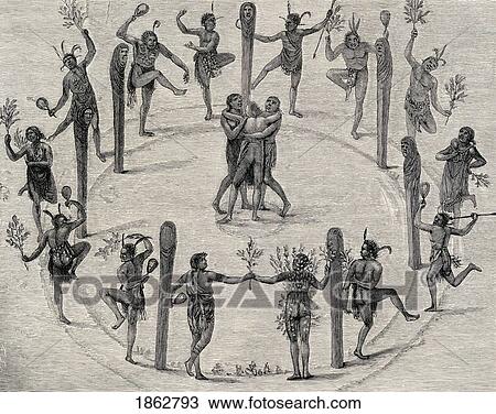 Stock Image - A Dance Of The Carolina Indians At Roanoke Engraving From The Original Drawing By John White 1540-1606 Virginian Pioneer And English Colonist In America From The Book The Century Illustrated Monthly Magazine May To October 1883. Fotosearch