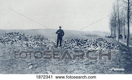 Stock Image - A Day's Expenditure Of Shells From A Single French Battery Of 75's During World War I. From The Illustrated War News 1915.. Fotosearch