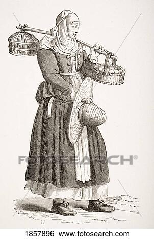 Stock Photograph - A Dealer In Eggs. 19Th Century Copy Of 16Th Century Woodcut By Cesare Vecellio. Fotosearch