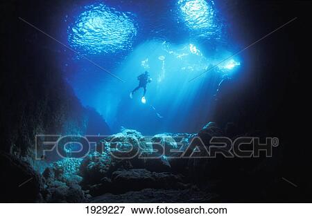 Stock Photo - A diver hovers inside the archway as late afternoon sun streams in, Blue Maomao Arch; Poor Knights Islands, New Zealand. Fotosearch