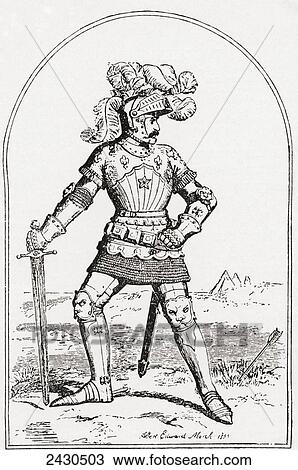 Stock Image - A drawing of a soldier, or knight, in armour, by King Edward VII, in 1855. From Edward VII His Life and Times, published 1910.. Fotosearch