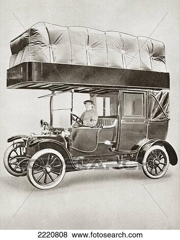 Stock Photo - A Gas-Bag Taxi During World War I. Due To Petrol Shortage A Balloon Filled With Uncompressed Gas Was Fitted To The Roof Of The Vehicle And Used As The Fuel Tank. From The Story Of 25 Eventful Years In Pictures, Published 1935.. Fotosearch