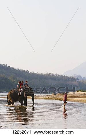 Stock Image - A group of backpackers ride on an elephant in the Mekong River outside of Luang Prabang; Laos. Fotosearch