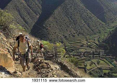 Stock Photography - A Group Of Holiday Hikers/Walkers Near The Town Of Vallehermoso. Island Of La Gomera. Canary Islands. Spain; A Group Of Holiday Hikers/Walkers Near The Town Of Vallehermoso. Island Of La Gomera. Canary Islands. Spain. Fotosearch