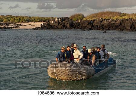 Stock Photograph - A Group Of People In An Inflatable Boat Just Off The Coast; Punta Suarez Galapagos Equador. Fotosearch