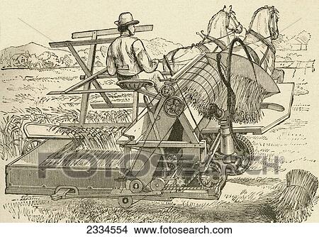 Picture - A Harvesting Machine, Pulled By Horses, Which Tied The Sheaves Of Corn Mechanically, Used In The Late 19Th Century. From El Museo Popular Published Madrid, 1887. Fotosearch