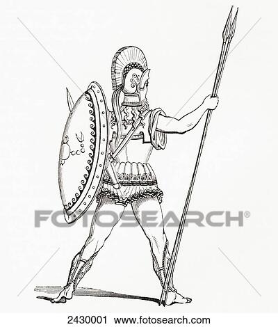 Stock Image - A heavily armed Greek warrior dressed for battle. From The Imperial Bible Dictionary, published 1889.. Fotosearch