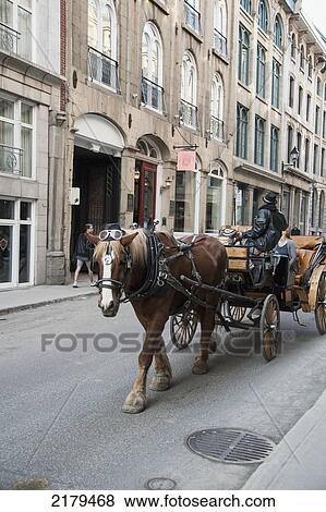 Stock Photo - A Horse And Carriage Traveling Down A Narrow Street; Montreal Quebec Canada. Fotosearch
