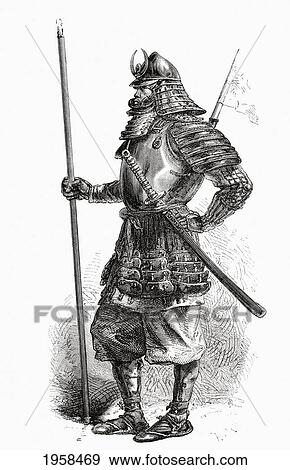 Stock Photo - A Japanese Lancer From The Shogun's Troops, In Full Armour In The 19Th Century. From El Mundo En La Mano Published 1875.. Fotosearch