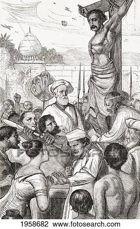 Stock Image - A Karen Martyr, From Burmah, Being Crucufied. From The Book Of Martyrs By John Foxe, Published C. 1865.. Fotosearch