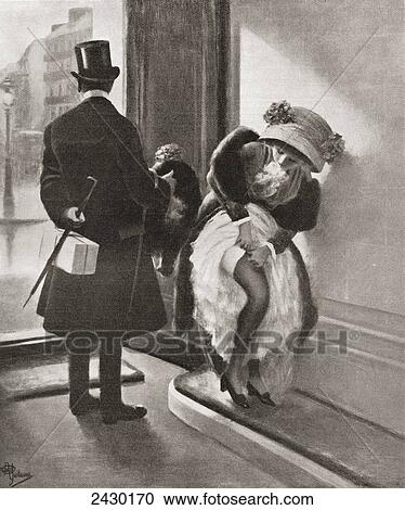 Stock Image - A Little Mishap. Woman adjusting her stocking before venturing outside. From Illustrierte Sittengeschichte vom Mittelalter bis zur Gegenwart by Eduard Fuchs, published 1912.. Fotosearch