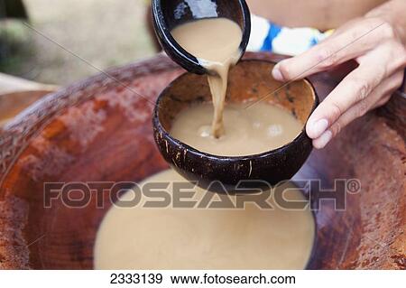 Stock Photo - A local pouring Awa, a traditional relaxing beverage made from pepper roots; Oahu, Hawaii, United States of America. Fotosearch
