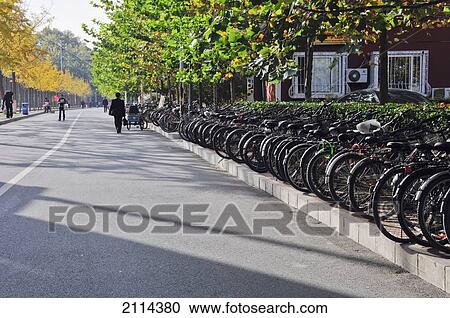 Stock Image - A Long Row Of Bicycles Parked Along A Street; Beijing China. Fotosearch