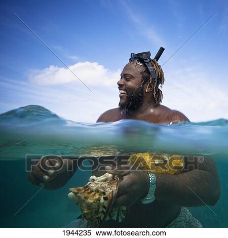 A Man Holds Two Large Conch Shells Under The Ocean Water; Runaway Bay Jamaica View Large Photo Image Stock Photography - A Man Holds Two Large Conch Shells Under The Ocean Water; Runaway Bay Jamaica. Fotosearch