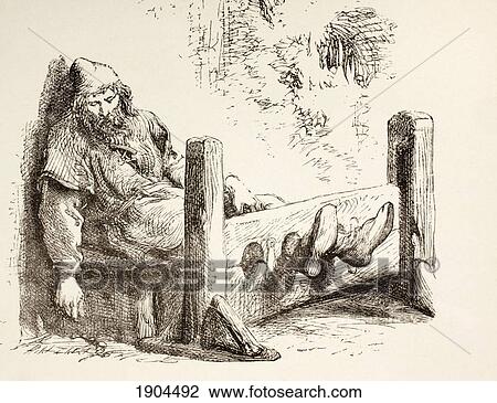 Stock Image - A Man In Stocks. From The Illustrated Library Shakspeare, Published London 1890.. Fotosearch