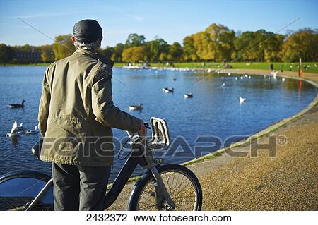 Stock Image - A man stands with his bicycle on the edge of Serpentine Lake, Kensington Gardens; London, England. Fotosearch
