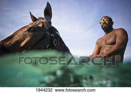 Stock Image - A Man Swims With A Horse In The Ocean; Runaway Bay Jamaica. Fotosearch