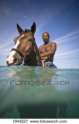 Stock Photo - A Man Swims With A Horse In The Ocean; Runaway Bay Jamaica. Fotosearch