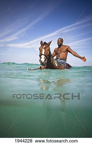 Stock Photo - A Man Swims With A Horse In The Ocean; Runaway Bay Jamaica. Fotosearch