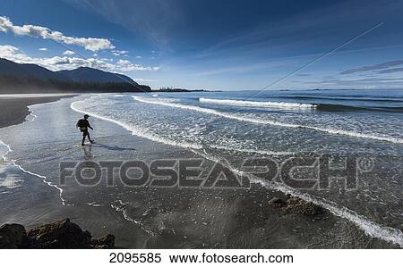Stock Photography - A Man Walks Along The Sandy Beach Of Rugged Point Marine Park In A Remote Area Of The West Coast Of Vancouver Island; British Columbia Canada. Fotosearch
