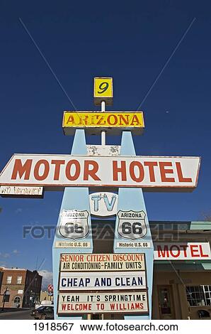 A Motel Sign On Main Street In Williams On Route 66, Arizona, Usa View Large Photo Image Stock Photo - A Motel Sign On Main Street In Williams On Route 66, Arizona, Usa. Fotosearch