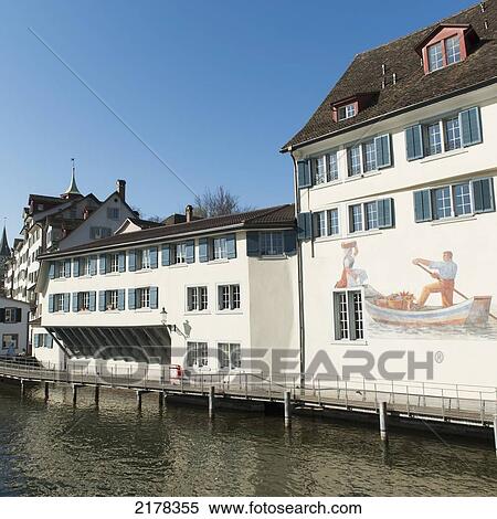 A Mural Painted On A Building On The Water's Edge; Zurich Switzerland View Large Photo Image Stock Photography - A Mural Painted On A Building On The Water's Edge; Zurich Switzerland. Fotosearch