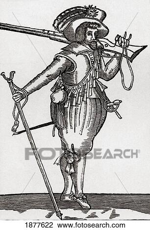 Stock Image - A Musketeer During The Reign Of King James I. From The Book Short History Of The English People By J. R. Green Published London 1893.. Fotosearch