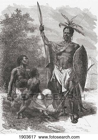 Stock Photo - A Native Of Ougogo, Central Africa, In War Dress In The 19Th Century. From El Mundo En La Mano Published 1878.. Fotosearch