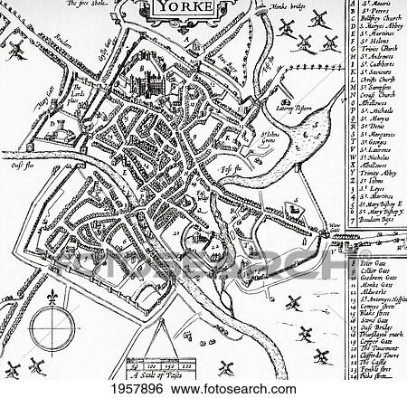 Stock Photograph - A Plan Of The City Of York, Yorkshire, England At The Beginning Of The 17Th Century. From Picturesque History Of Yorkshire, Published C. 1900. Fotosearch