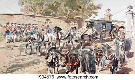 Stock Photograph - A Post-Chaise Entering A Walled Compound And Passing Between A Band And A Donkey Train. 18Th Century. After A Watercolour By A. Heins. From Cortege Historique Des Moyens De Transport. Published Brussels, 1886.. Fotosearch