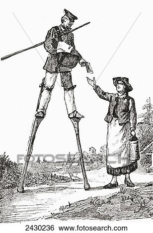 Stock Photograph - A postman in Landes, Bordeaux, France delivering letters whilst walking on stilts. This form of walking was adopted by many people in Bordeaux due to non existent roads and marshy, uneven terrain. From The Strand Magazine published 1897.. Fotosearch