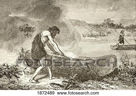 Stock Photo - A Prehistoric Man Using Fire To Fashion A Canoe From A Log. From The Book Chips From The Earth's Crust Published 1894.. Fotosearch