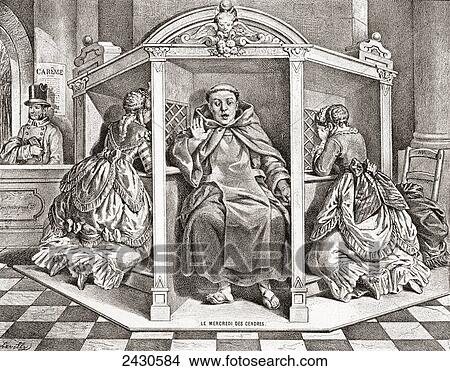 Picture - A priest listens to confession on Ash Wednesday. From Illustrierte Sittengeschichte vom Mittelalter bis zur Gegenwart by Eduard Fuchs, published 1909.. Fotosearch